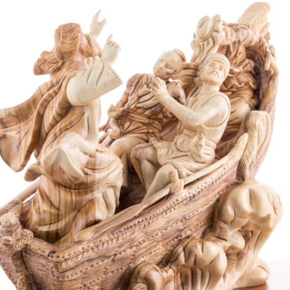 Jesus Christ "Calms The Storm" on Boat, 15.5" Masterpiece Wooden Carving