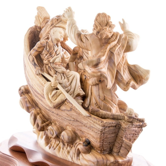 Jesus Christ "Calms The Storm" on Boat, 15.5" Masterpiece Wooden Carving