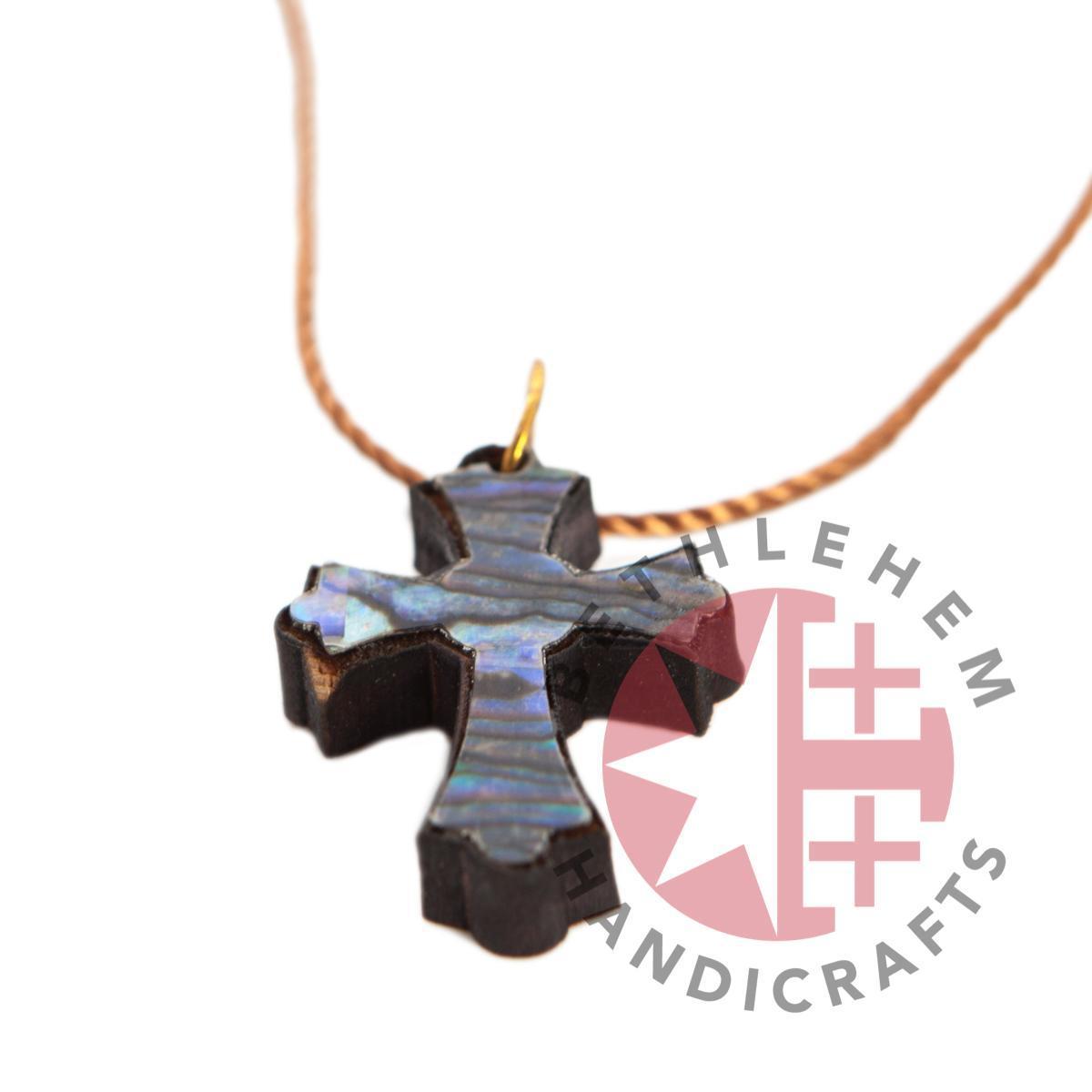 Colorful Nacre Cross Necklace on Olive Wood Base