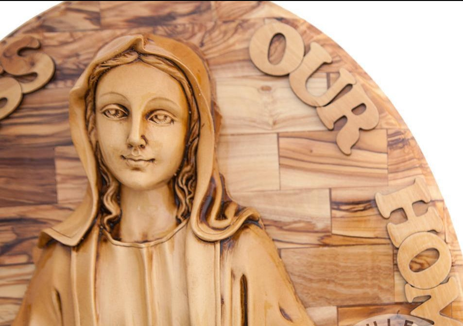 Olive Wood Virgin Mary Wall Hanging Plaque with Holy Land Incense - Wall Hangings - Bethlehem Handicrafts