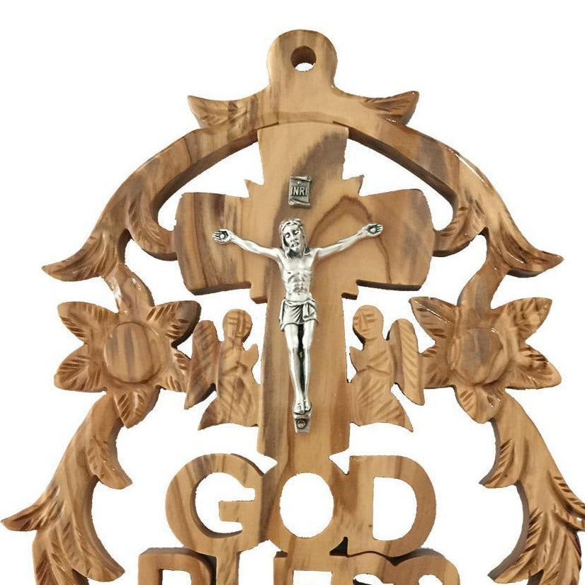 Olive Wood God Bless Wall Hanging Plaque - Wall Hangings - Bethlehem Handicrafts