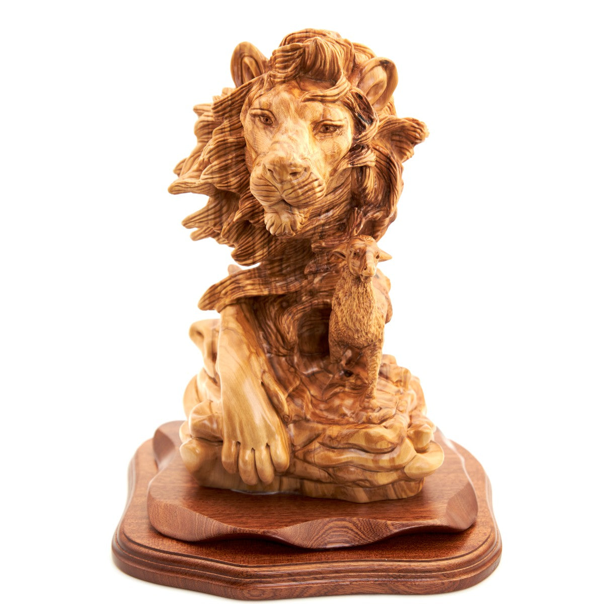 Unique "Lion with Lamb" Sculpture, Olive Wood 12.6"