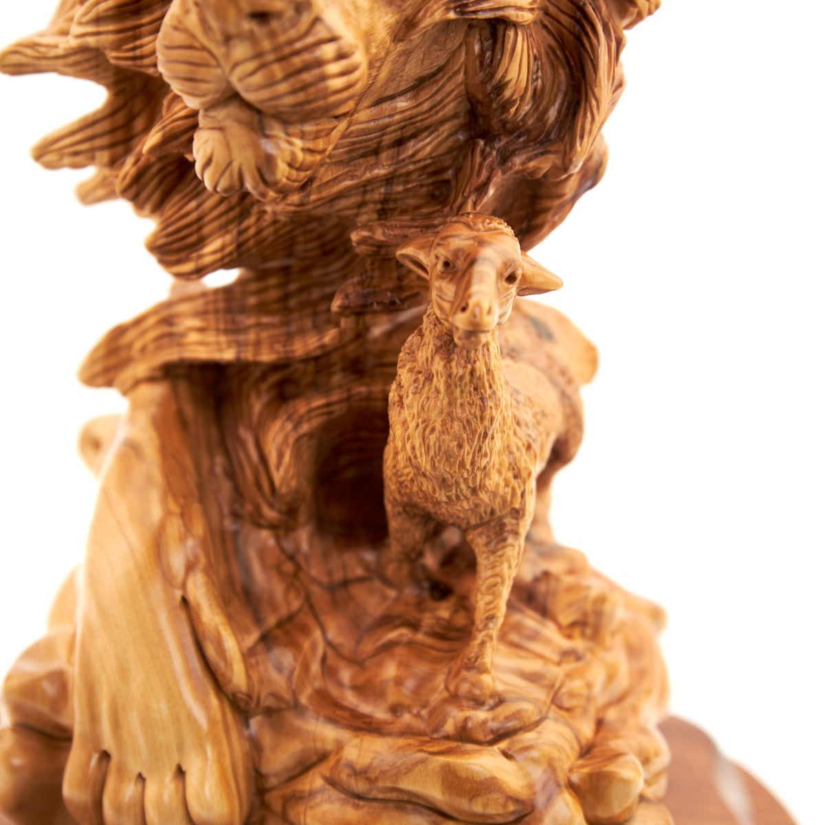 Unique "Lion with Lamb" Sculpture, Olive Wood 12.6"