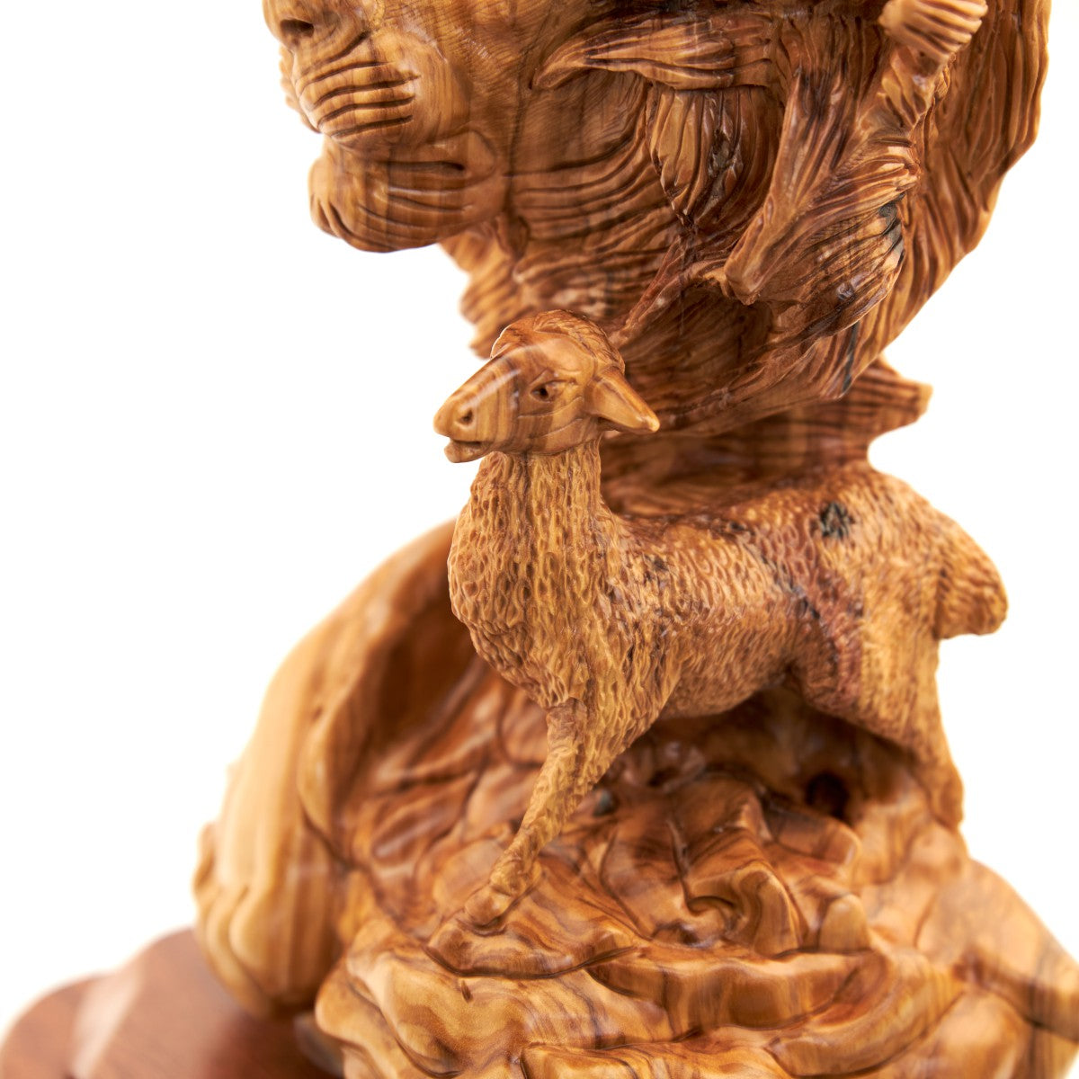 Unique "Lion with Lamb" Sculpture, Olive Wood 12.6"