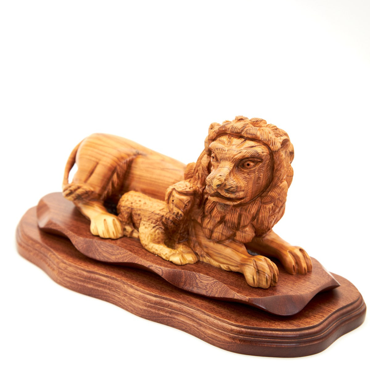 Lion with Lamb Sculpture Carved in Olive Wood, 14.2"