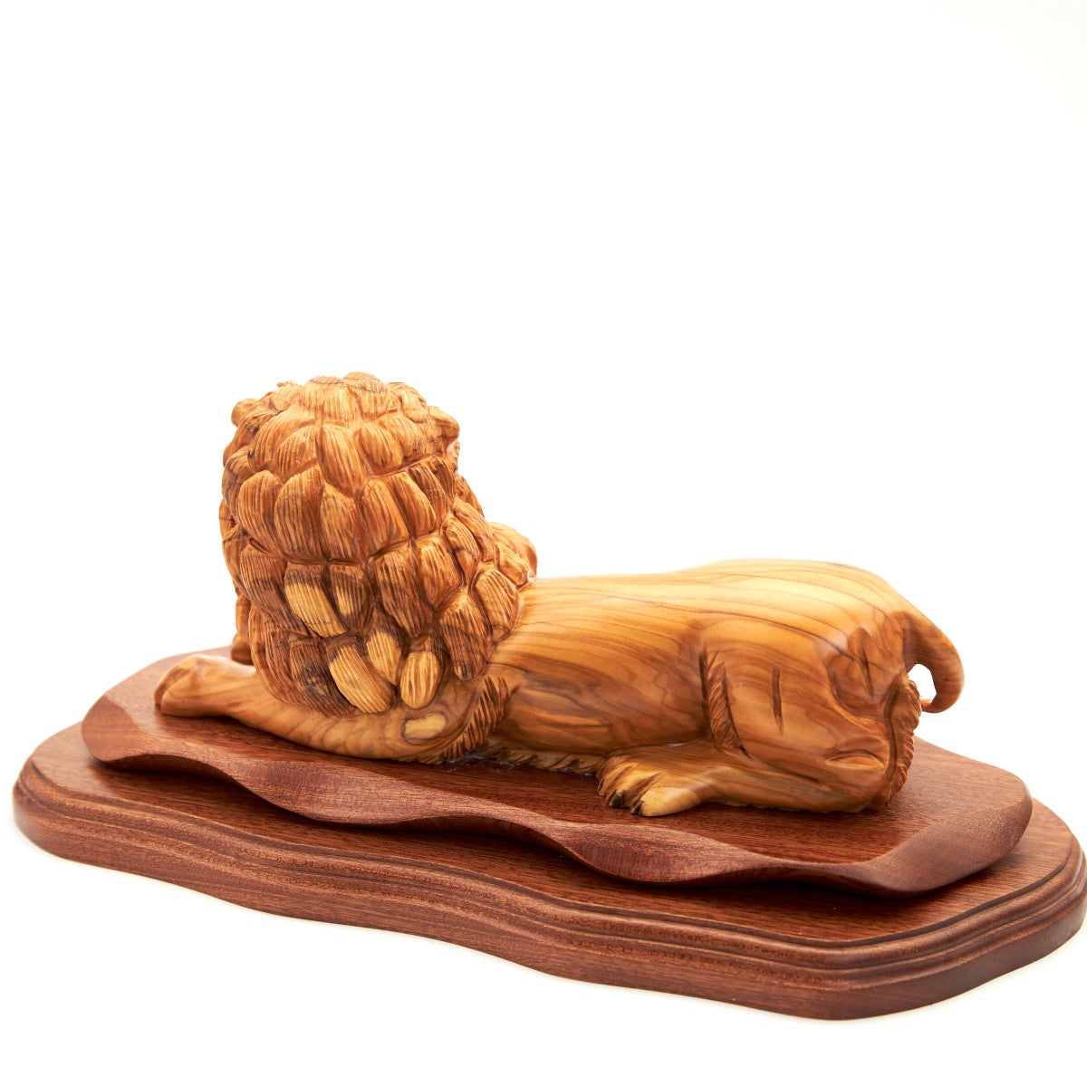 Lion with Lamb Sculpture Carved in Olive Wood, 14.2"