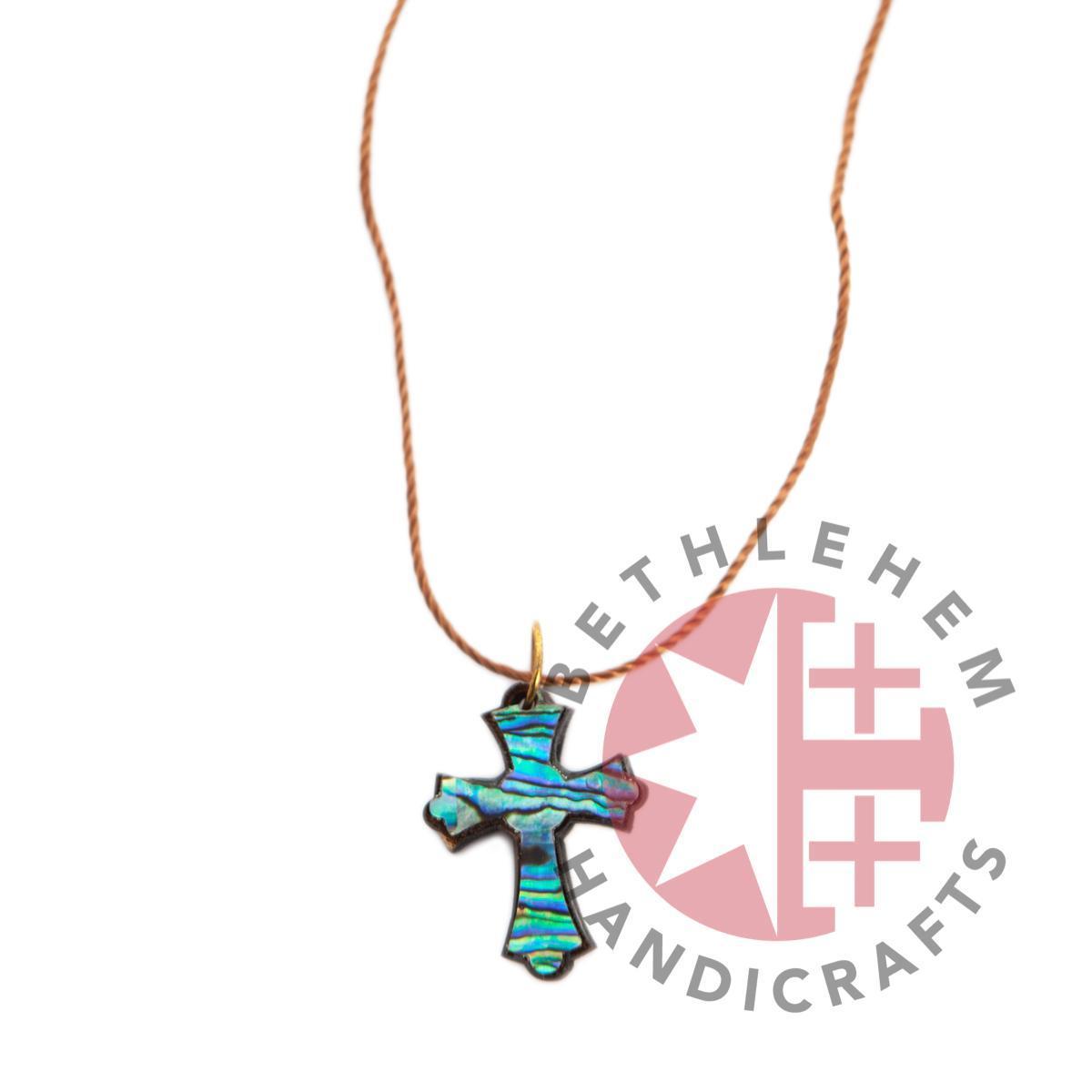 Colorful Nacre Cross Necklace on Olive Wood Base