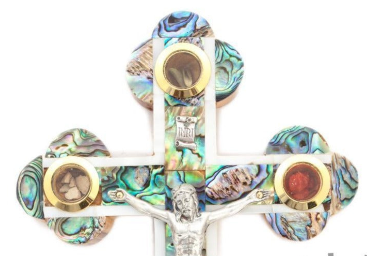 Abalone Mother of Pearl Cross Crucifix from Holy Land 14 Stations of Cross Engraved on Back Olive Wood Handmade