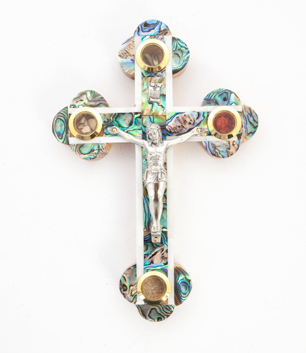 Abalone Mother of Pearl Cross Crucifix from Holy Land 14 Stations of Cross Engraved on Back