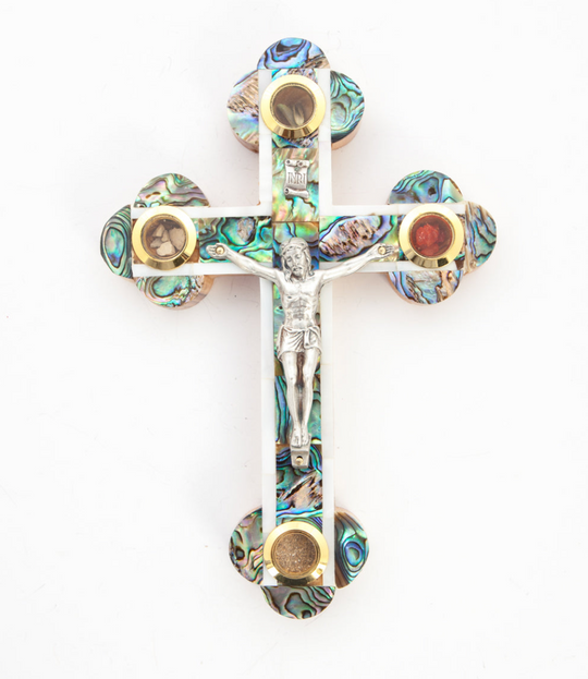 Abalone Mother of Pearl Cross Crucifix from Holy Land 14 Stations of Cross Engraved on Back