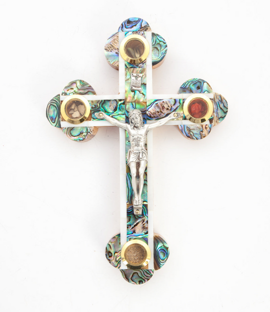 Abalone Mother of Pearl Cross Crucifix from Holy Land 14 Stations of Cross Engraved on Back  