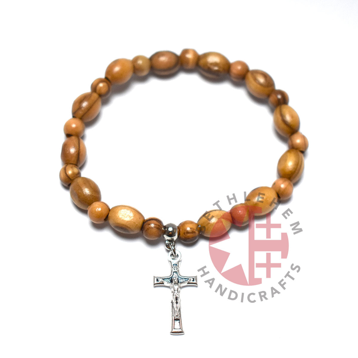 Oval Olive Wood 9*6 mm Beads Bracelet with Crucifix Pendant