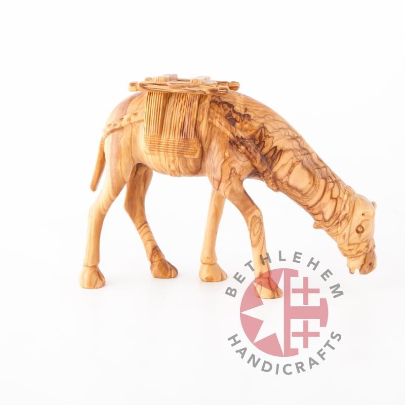 Hand Carved Wood Grazing Camel - Statuettes - Bethlehem Handicrafts