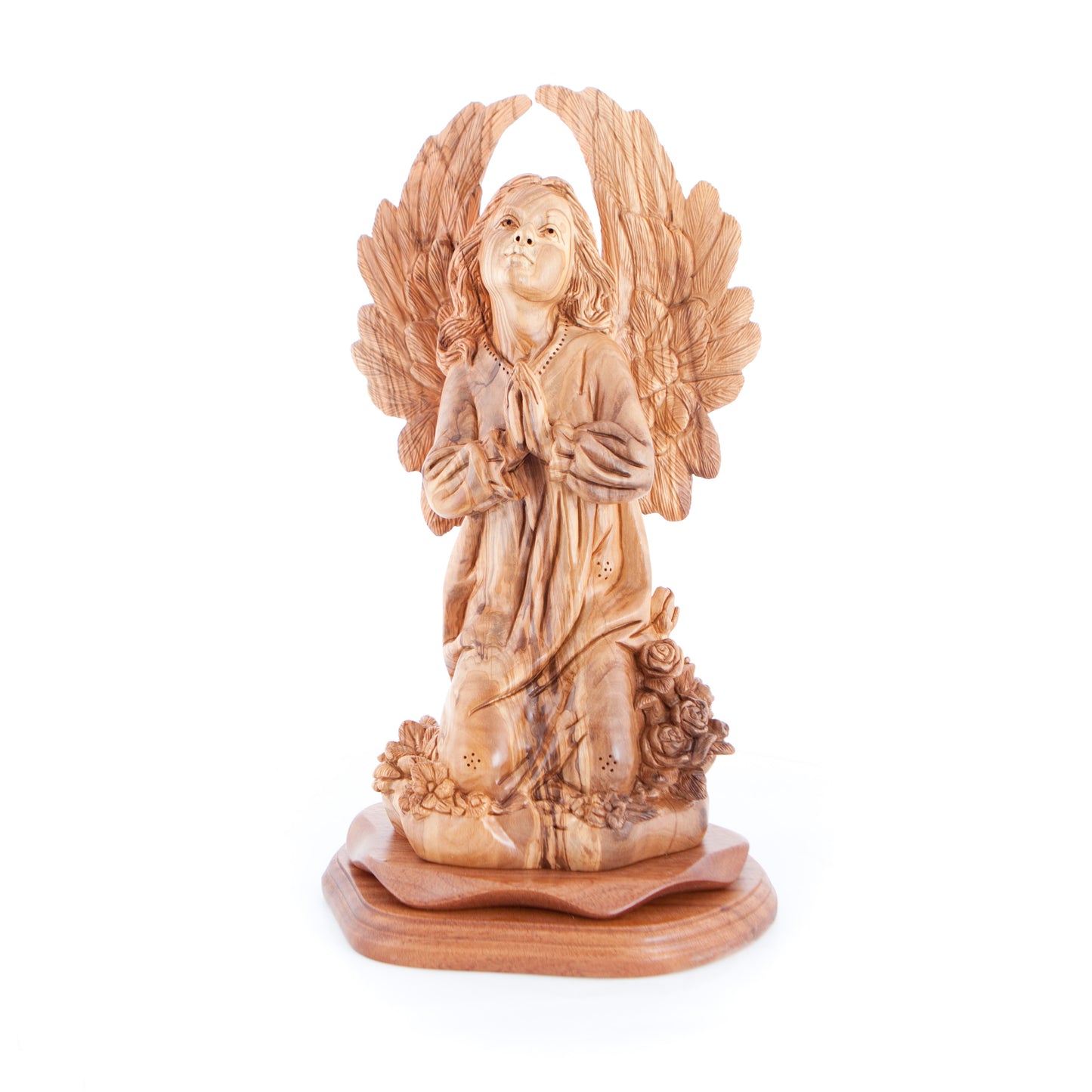 Angel with Wings Praying, 14.5" Carved Statue from Holy Land Olive Wood