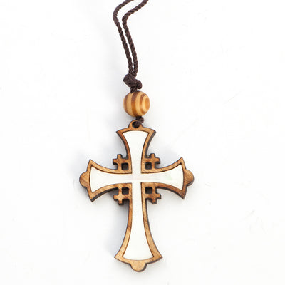 Olive Wood and White Mother of Pearl Cross Necklace