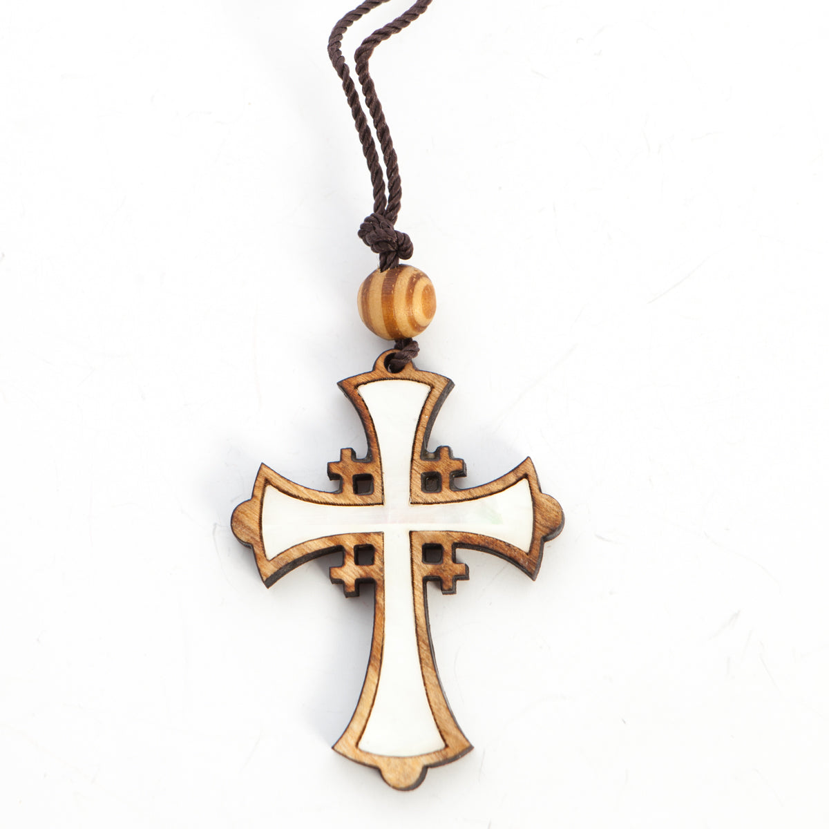 Olive Wood and White Mother of Pearl Cross Necklace