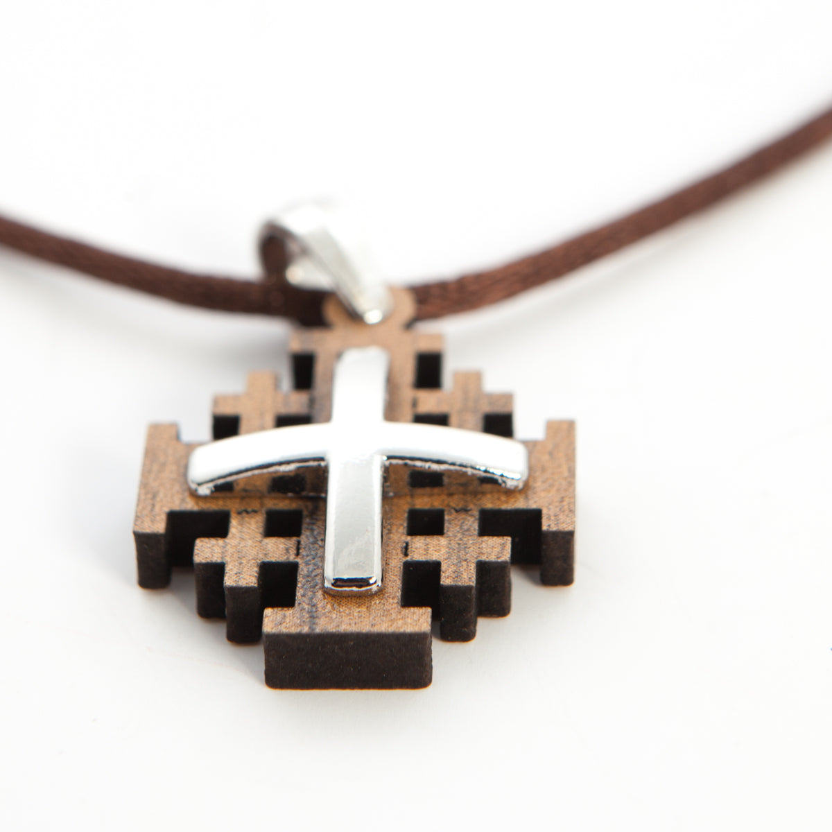 Jerusalem Cross Silver Plated Olive Wood Necklace