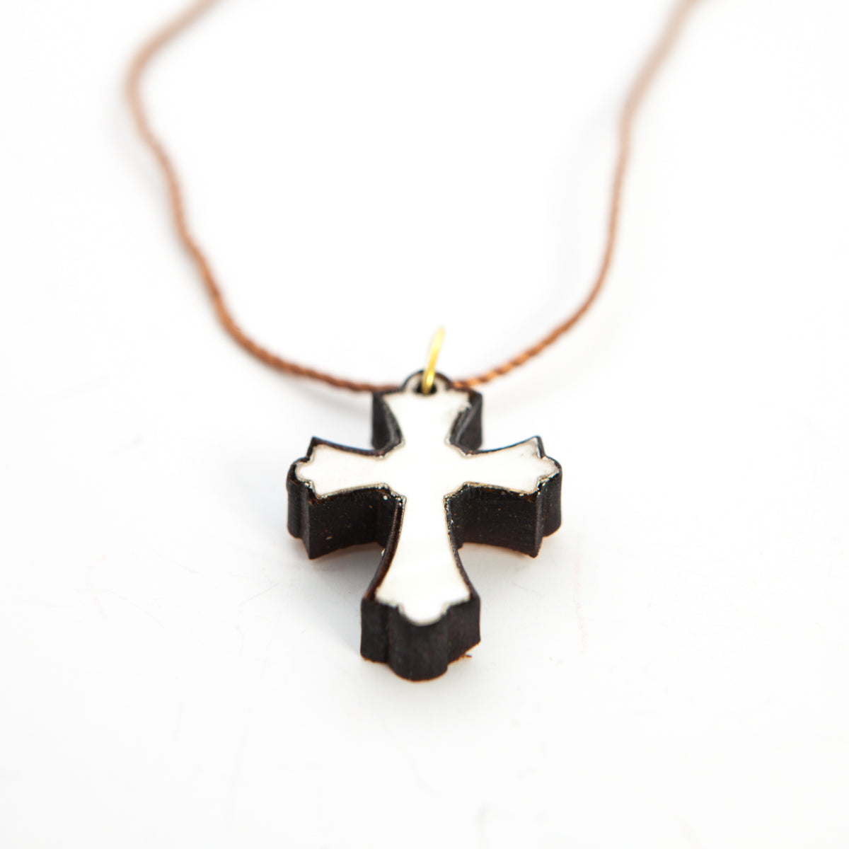 White Nacre Cross Necklace on Olive Wood Base