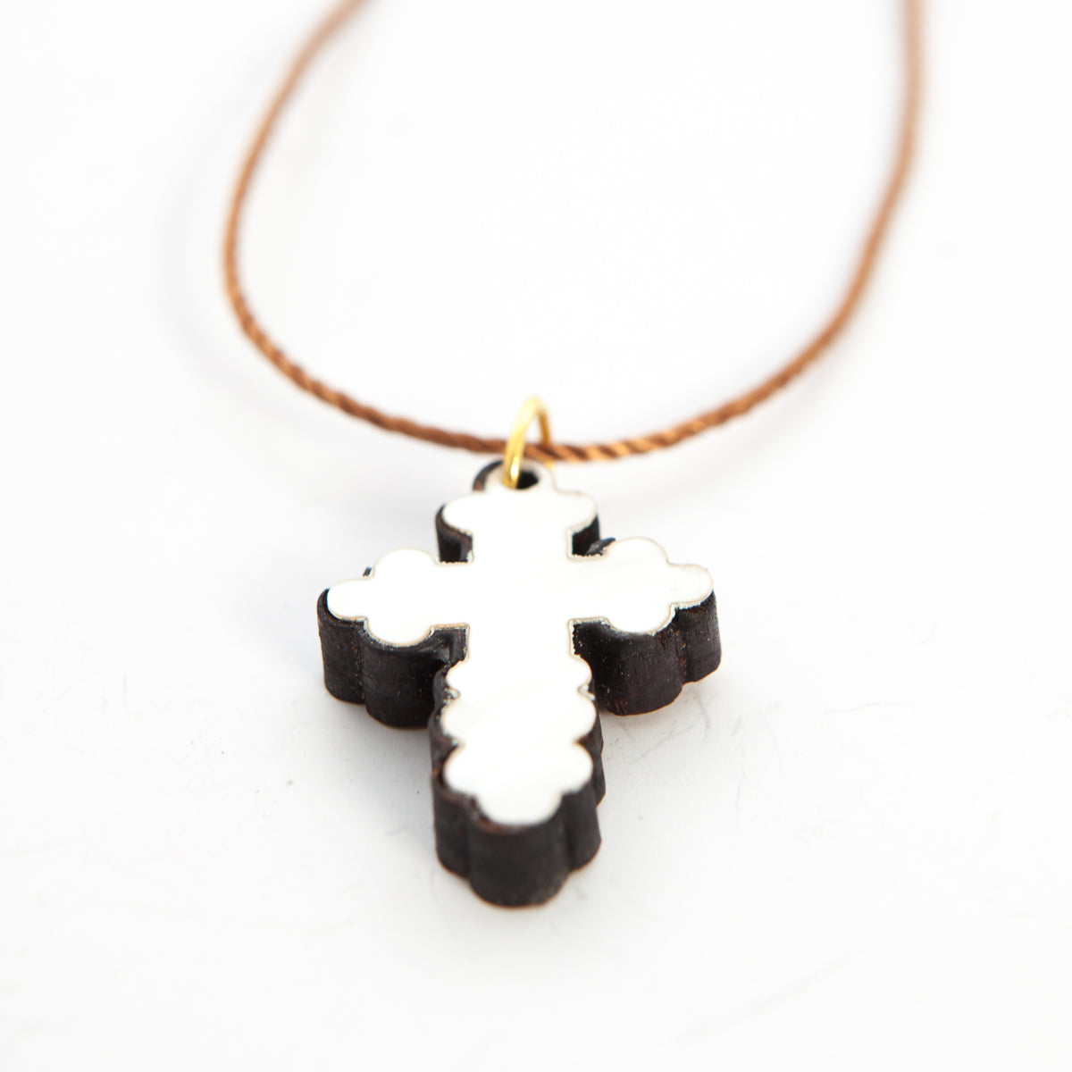 Olive Wood and White Mother of Pearl Cross Necklace