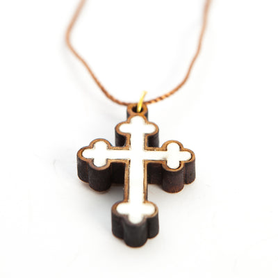 Budded Cross Necklace (Olive Wood and White Abalone)