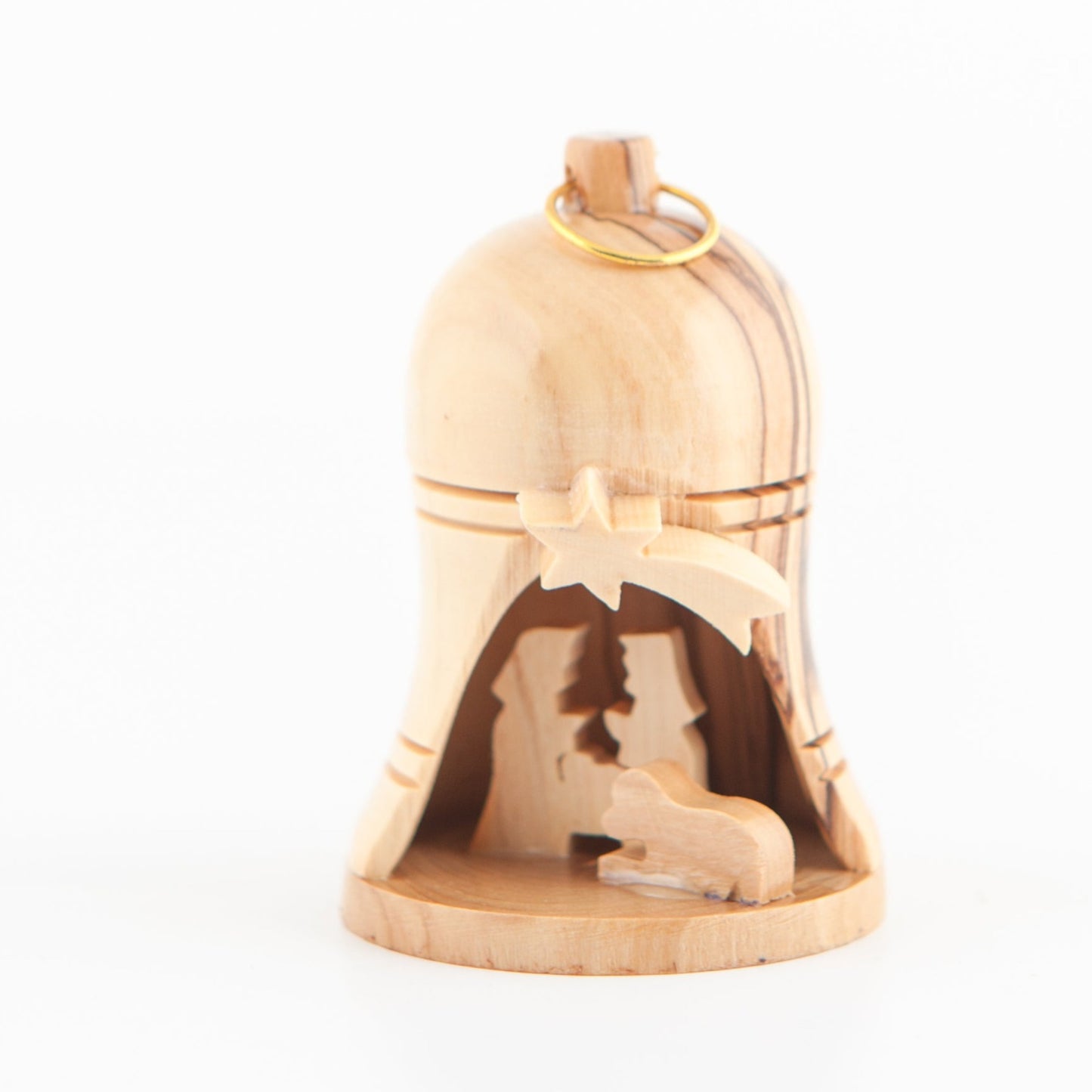 A hand-carved olive wood nativity scene bell ornament with a gold-colored ring on top for hanging.