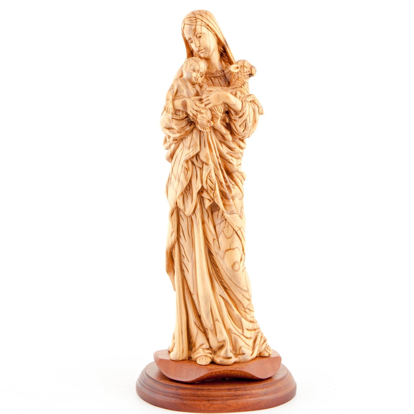 Virgin Mary With Child and Lamb, 13.4" Carved from the Holy Land Olive Wood