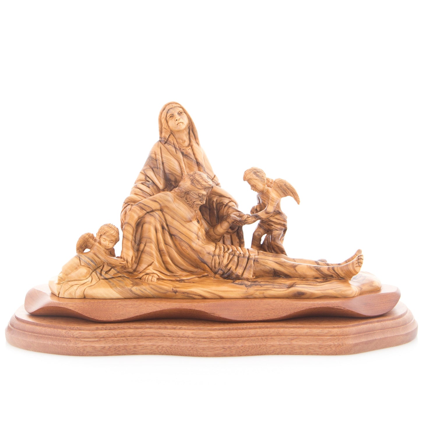 Pieta with 2 Angels, 12.2" Long Olive Wood Carving from Bethlehem, Virgin Mary with Jesus Christ