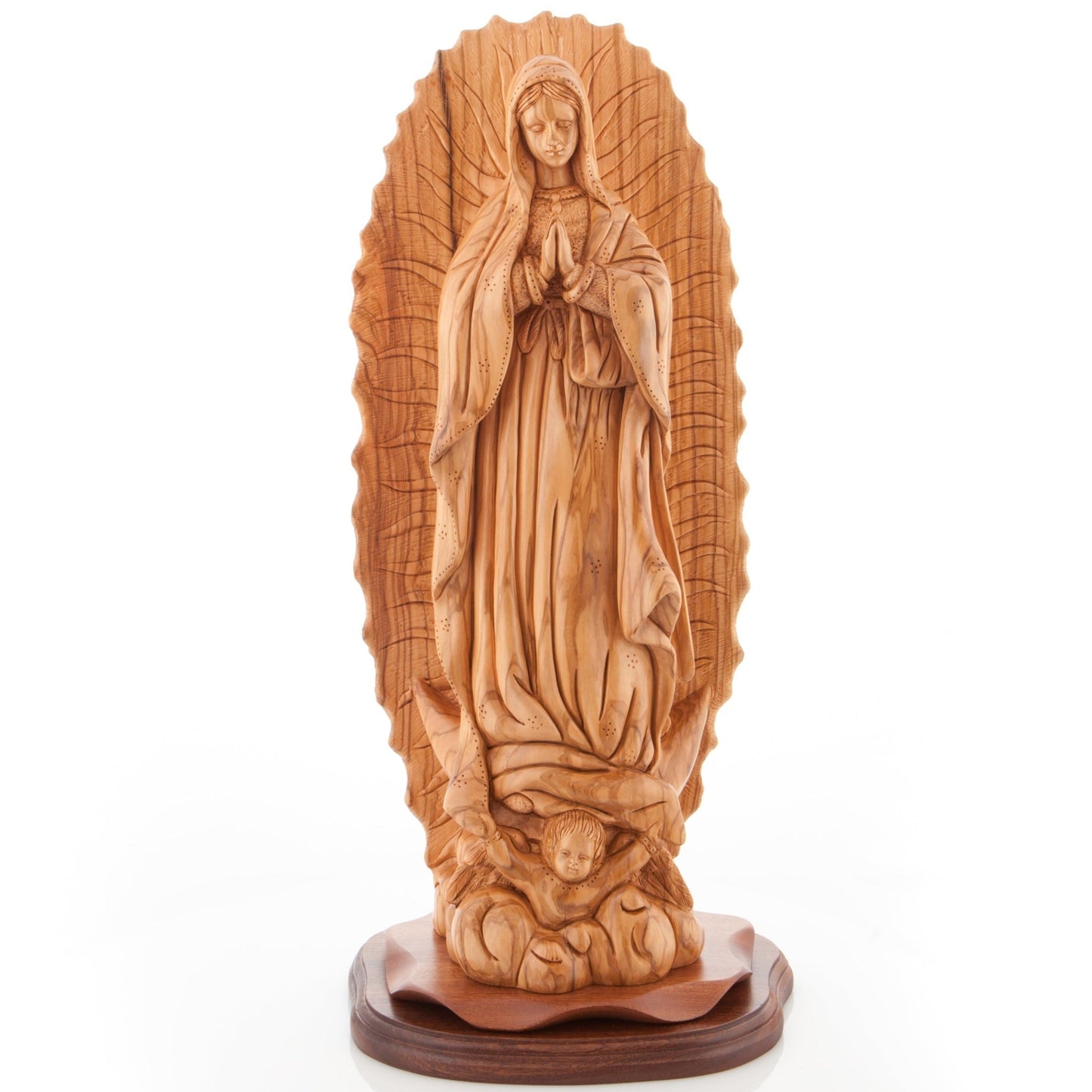 Virgin Mary “Our Lady of Guadalupe” Statue, 20.7" Carving from Holy Land Olive Wood