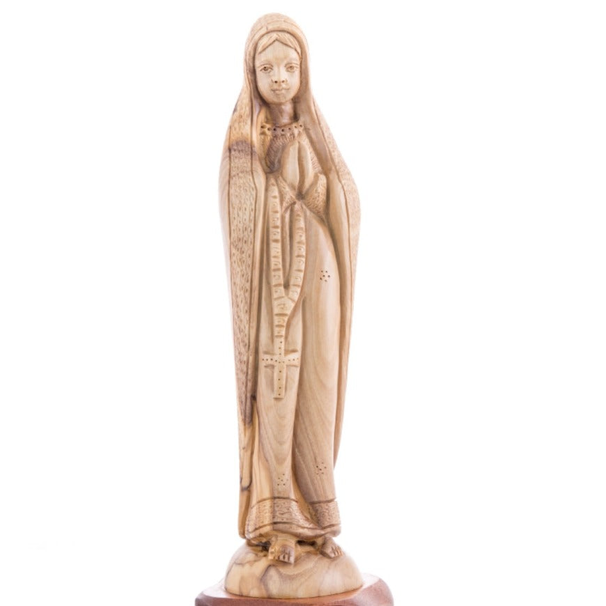 Blessed Mother Holding a Rosary, 10" Olive Wood Carving Statue from Bethlehem