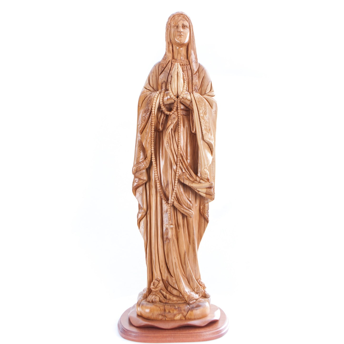 Praying Virgin Mary with a Rosary, 30" Masterpiece Olive Wood Carved Sculpture Catholic Church Art from Holy Land