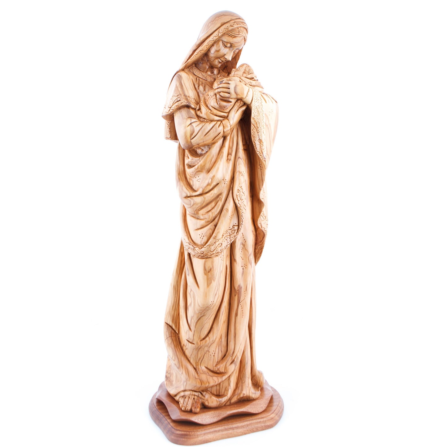 Virgin Mary The Mother of Mercy with Her Son Jesus Christ Masterpiece, 24.8" Olive Wood Carving Statue from Bethlehem