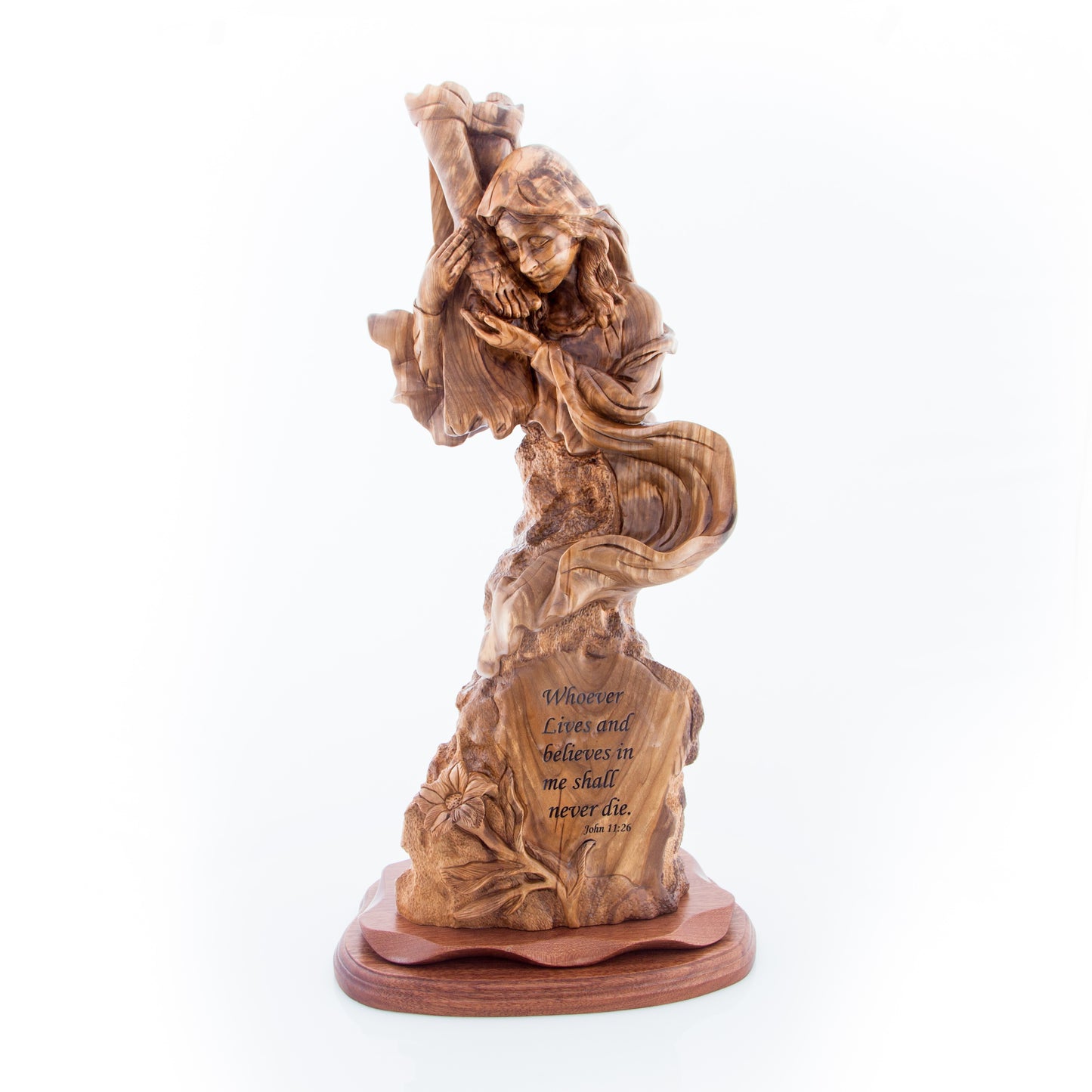 Virgin Mary Kneeling by the Cross, 21" Olive Wood Statue, "Scripture of John 11:26"