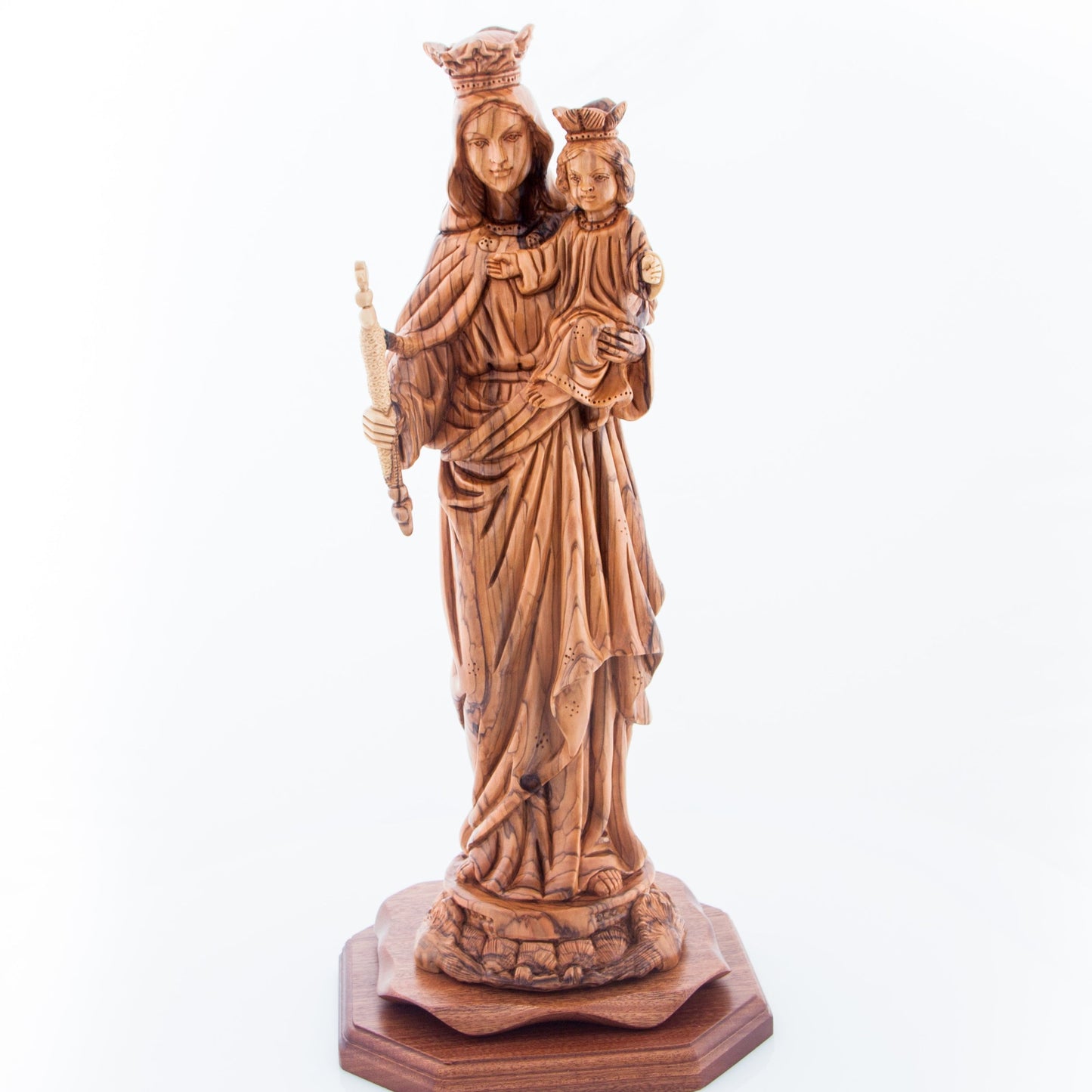 Virgin Mary "Our Lady of Mount Carmel" Statue, 17.3" with Baby Jesus Christ Carved from Holy Land Olive Wood