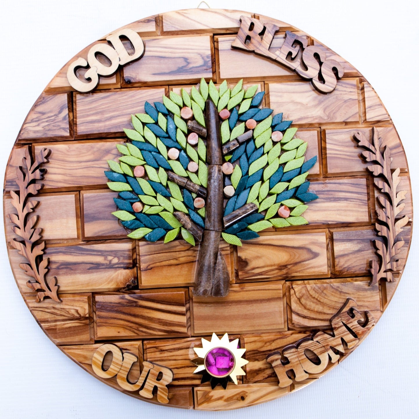 Jerusalem "Stone Tree of Life" Wall Hanging Olive Wood Plaque, 10.2"