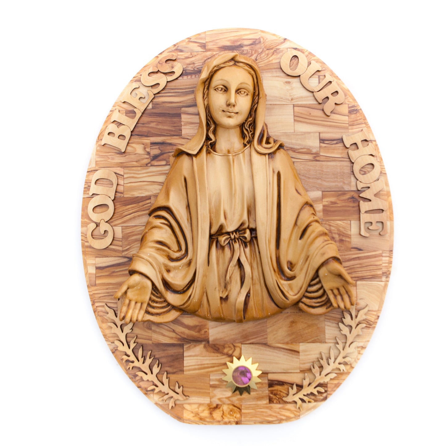 Virgin Mary Carved in Olive Wood Wall Hanging Plaque, 17.3" with Holy Land Incense