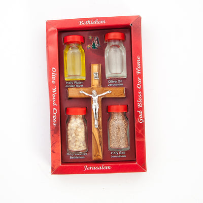 Souvenir Set from the Holy Land, Hand Carved Crucifix With Holy Elements