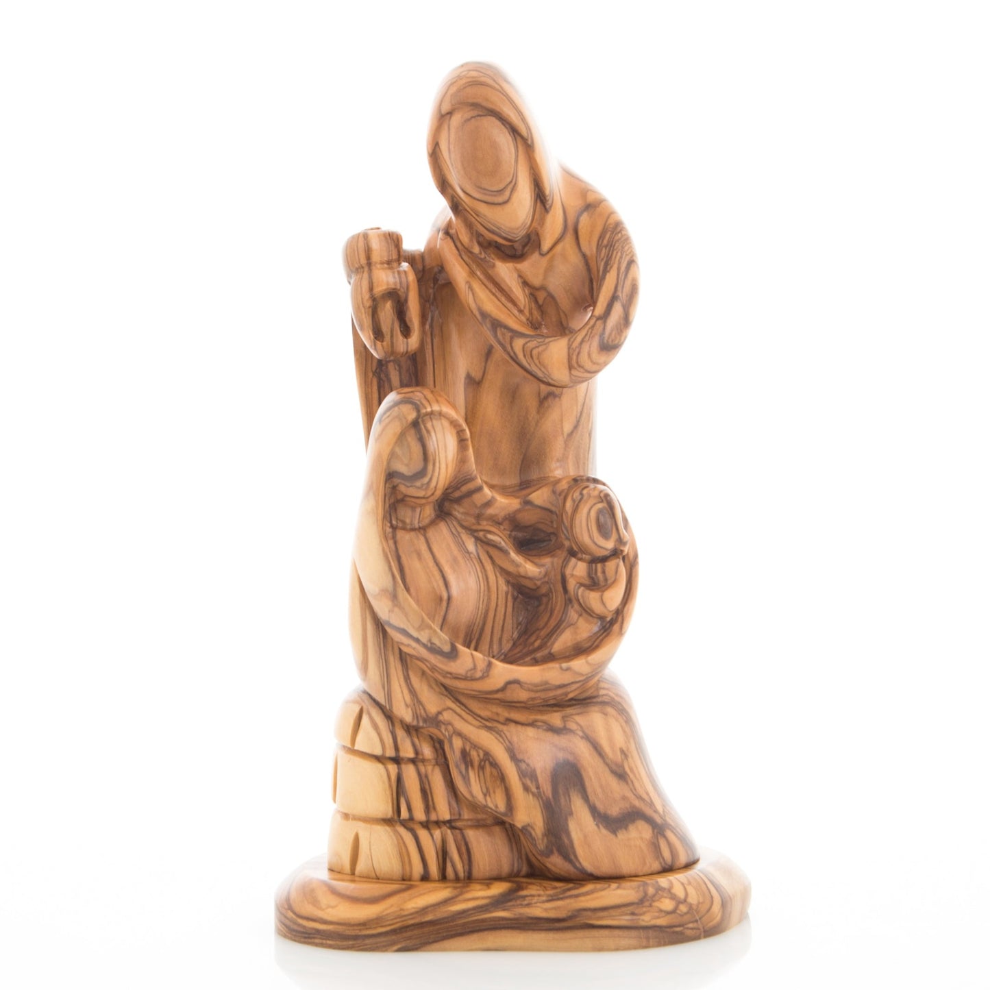 Jesus, Mary and Joseph Sculpture with a Lantern, 9.3" Abstract Hand Carved Olive Wood