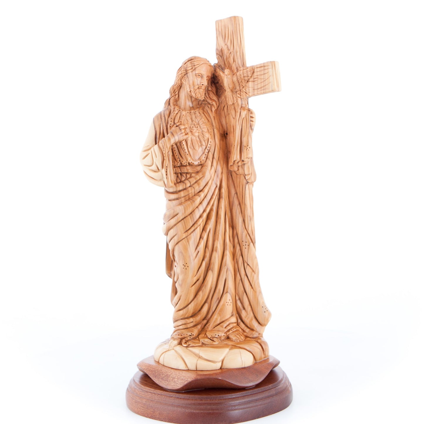 Jesus Christ "Holding Cross" Sculpture, 12.6" Holy Land Olive Wood Carving