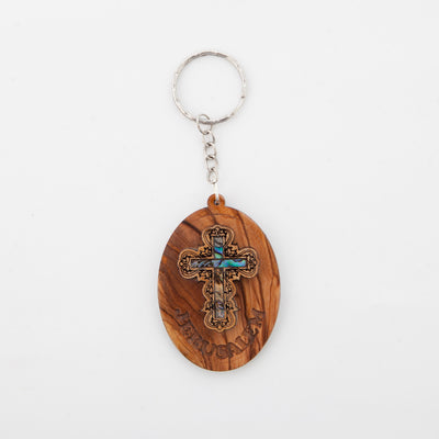 Mother of Pearl Ornate Cross Christian Keychain, Olive Wood from Bethlehem