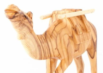 Olive Wood Keeling Camel with Harness - Statuettes - Bethlehem Handicrafts