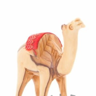 Carved Wood Camel with Red Saddle - Statuettes - Bethlehem Handicrafts