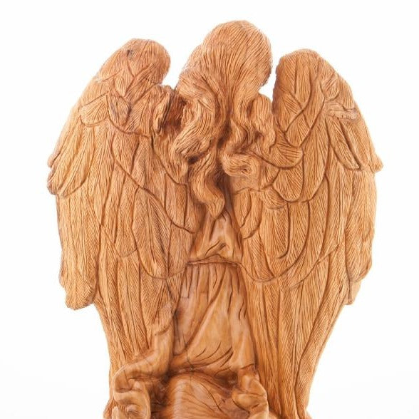 Olive Wood Guardian Angel with Baby Jesus Statue - Statuettes - Bethlehem Handicrafts