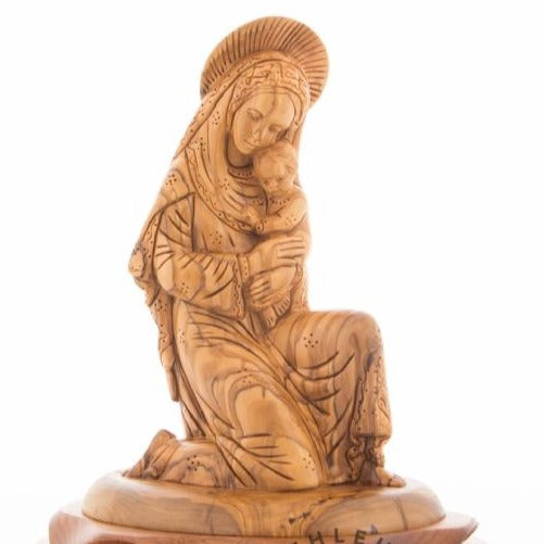 Olive Wood Kneeling Virgin Mary with Baby Jesus - Statuettes - Bethlehem Handicrafts