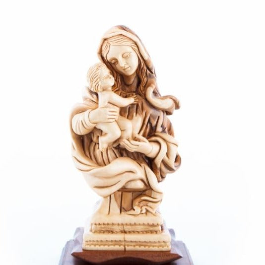 Olive Wood Virgin Mary with the Holy Child and a Wooden Base - Statuettes - Bethlehem Handicrafts