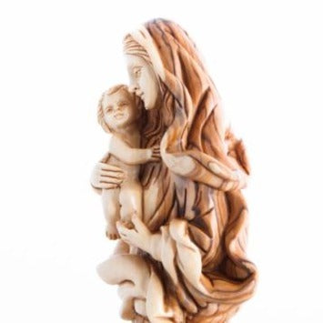 Olive Wood Virgin Mary with the Holy Child and a Wooden Base - Statuettes - Bethlehem Handicrafts