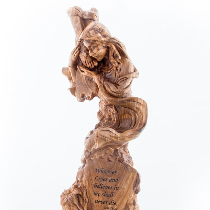 Virgin Mary Kneeling by the Cross, 21" Olive Wood Statue, "Scripture of John 11:26"