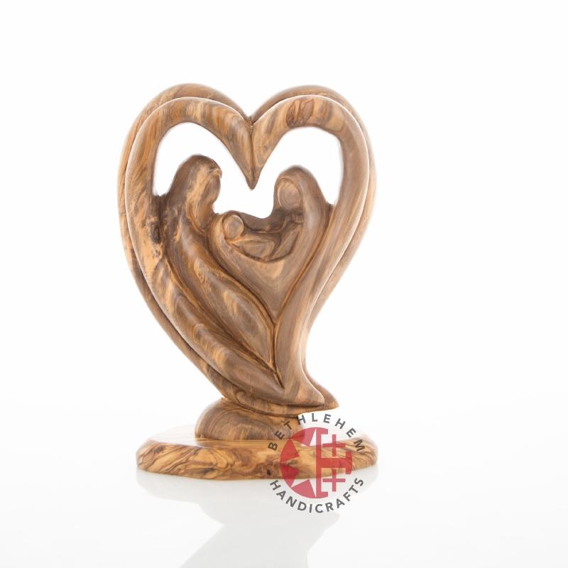 Olive Wood Heart Shaped Statue of the Holy Family (Abstract) - Statuettes - Bethlehem Handicrafts