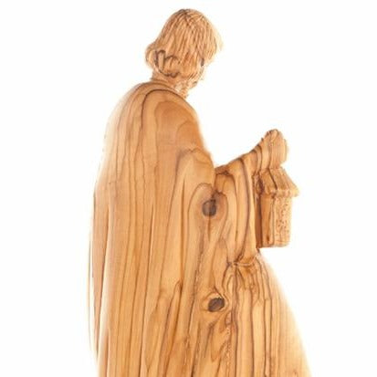 Olive Wood Holy Family Holding a Lamp Statue with Base - Statuettes - Bethlehem Handicrafts