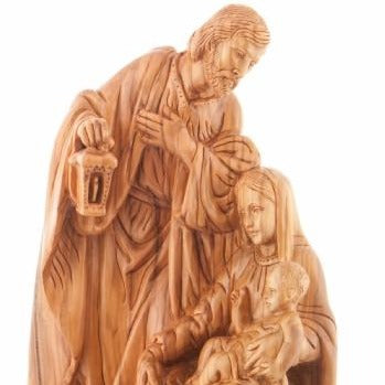 Olive Wood Holy Family Holding a Lamp Statue - Statuettes - Bethlehem Handicrafts