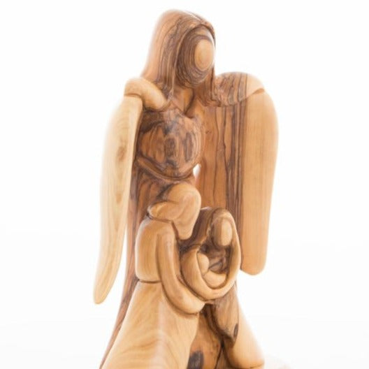 Olive Wood Guardian Angel with Holy Family Statue (Abstract) - Statuettes - Bethlehem Handicrafts